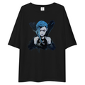 A black oversized short-sleeve t-shirt featuring a stylized graphic print of a character with blue hair on the front, displayed against a solid white background.