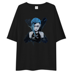 A black oversized short-sleeve t-shirt featuring a stylized graphic print of a character with blue hair on the front, displayed against a solid white background.
