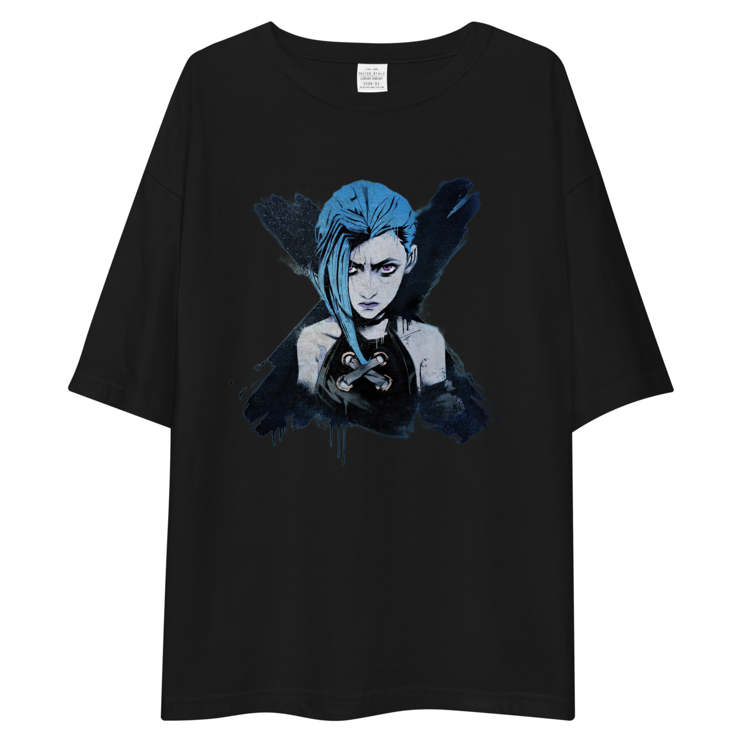 A black oversized short-sleeve t-shirt featuring a stylized graphic print of a character with blue hair on the front, displayed against a solid white background.