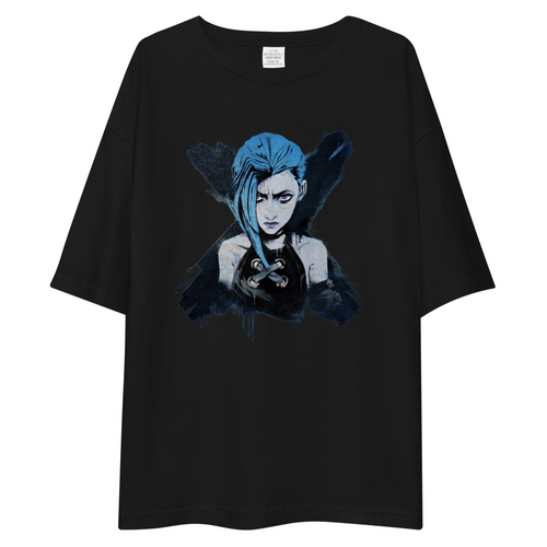 A black oversized short-sleeve t-shirt featuring a stylized graphic print of a character with blue hair on the front, displayed against a solid white background.