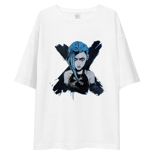 A white oversized short-sleeve t-shirt featuring a graphic print of a character with blue hair and a black-and-white face on the front, displayed against a solid white background.