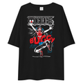A black oversized short-sleeve t-shirt featuring a large graphic print from One Piece. The graphic depicts a character in a red and blue outfit with the word 'BUGGY' printed in large red letters across the front.