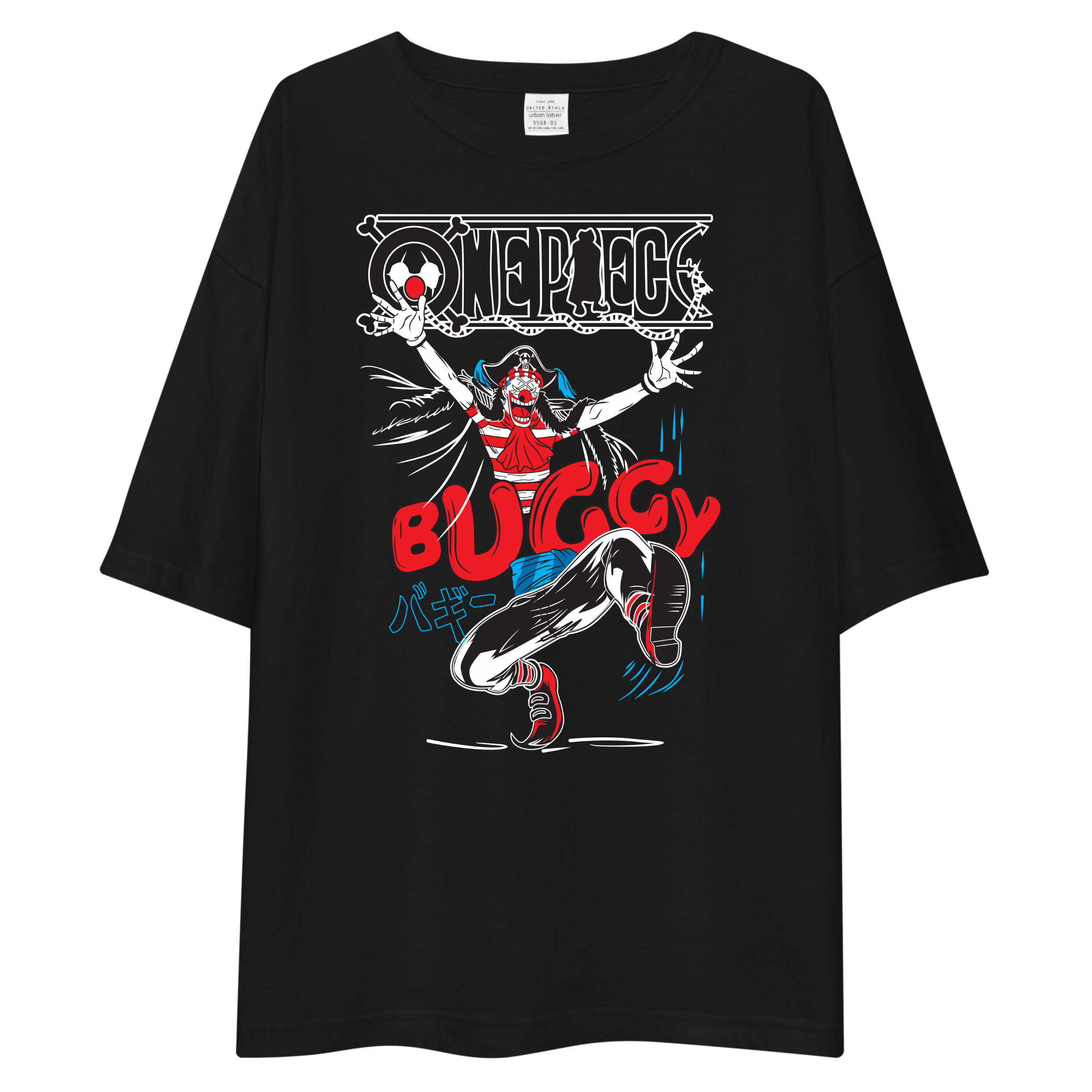 A black oversized short-sleeve t-shirt featuring a large graphic print from One Piece. The graphic depicts a character in a red and blue outfit with the word 'BUGGY' printed in large red letters across the front.