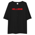 A black oversized short-sleeve t-shirt with the word 'HELLSING' printed in bold red block letters across the chest, displayed on a solid white background.