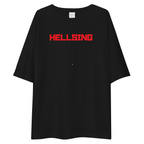 A black oversized short-sleeve t-shirt with the word 'HELLSING' printed in bold red block letters across the chest, displayed on a solid white background.