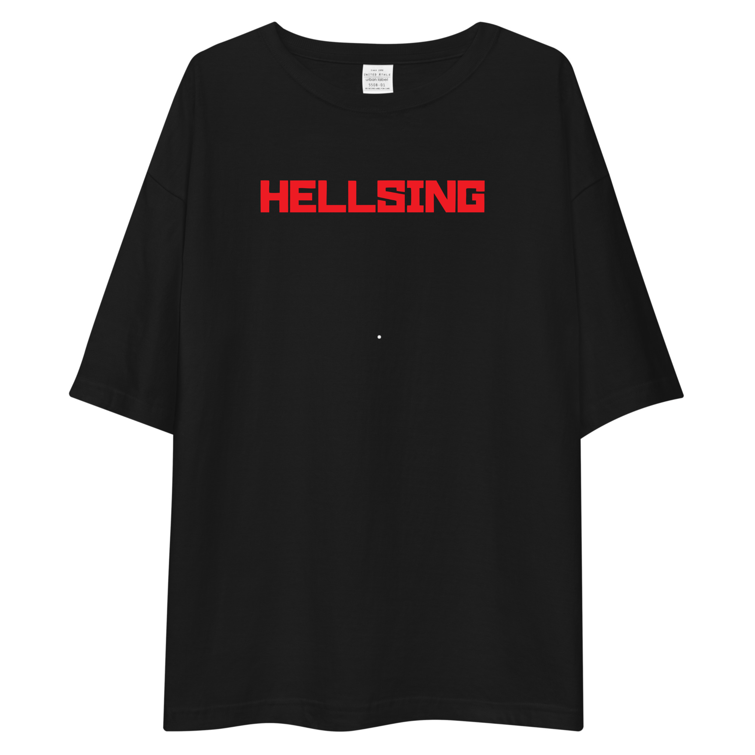 A black oversized short-sleeve t-shirt with the word 'HELLSING' printed in bold red block letters across the chest, displayed on a solid white background.