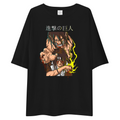 A black oversized short-sleeve t-shirt featuring a large anime graphic of a character punching another, with yellow lightning accents and Japanese text at the top, displayed on a solid white background.