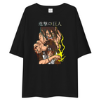 A black oversized short-sleeve t-shirt featuring a large anime graphic of a character punching another, with yellow lightning accents and Japanese text at the top, displayed on a solid white background.