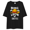 A black oversized short-sleeve t-shirt featuring a graphic print of a skull wearing a yellow straw hat with a red bandana, flanked by white bones, with the text 'MUCHWARA' above and 'ONE PIECE' below.