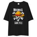 A black oversized short-sleeve t-shirt featuring a graphic print of a skull wearing a yellow straw hat with a red bandana, flanked by white bones, with the text 'MUCHWARA' above and 'ONE PIECE' below.