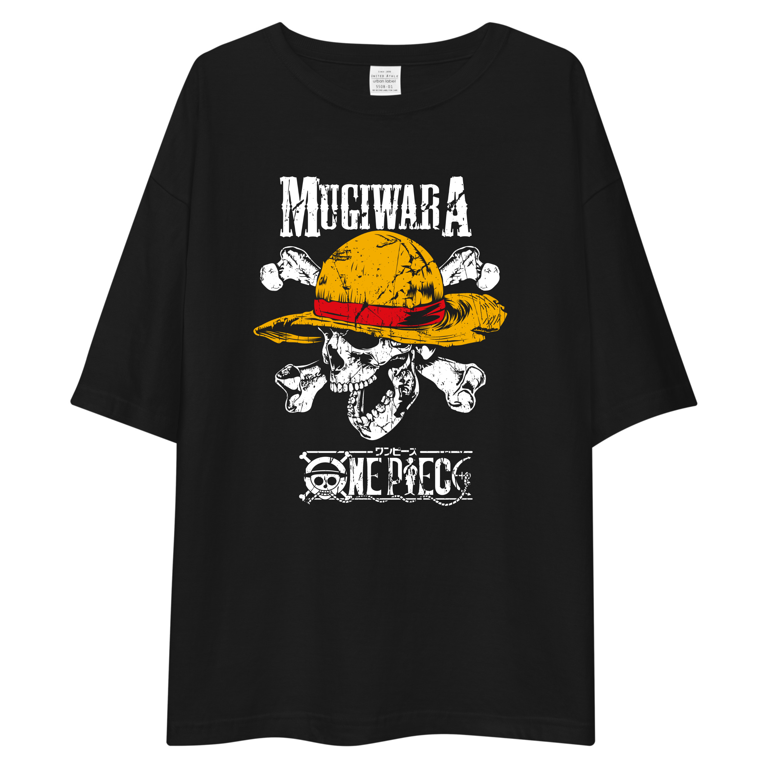 A black oversized short-sleeve t-shirt featuring a graphic print of a skull wearing a yellow straw hat with a red bandana, flanked by white bones, with the text 'MUCHWARA' above and 'ONE PIECE' below.