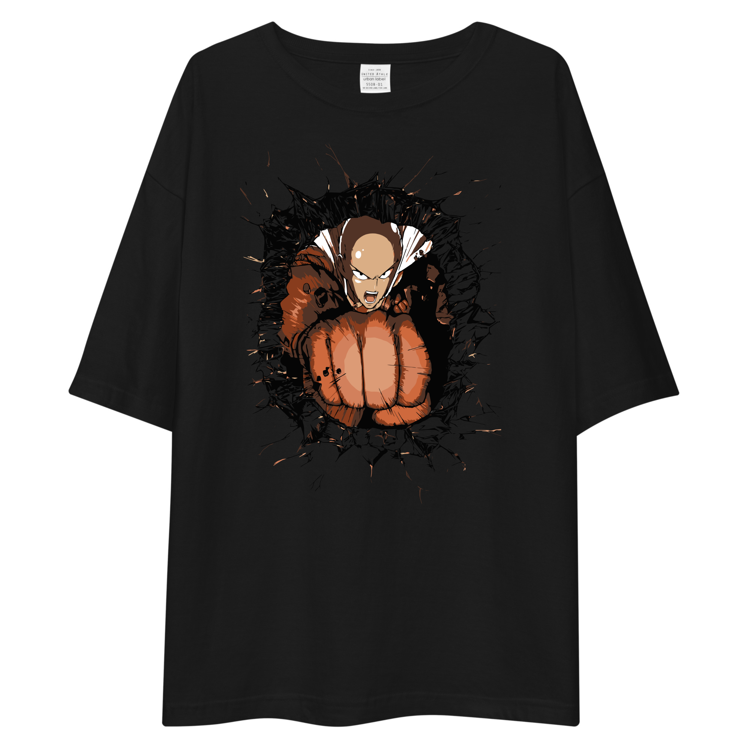 A black oversized short-sleeve t-shirt with a graphic print of a cartoon character punching a pumpkin, displayed on a solid white background.
