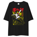A black oversized short-sleeve t-shirt featuring a large graphic print of Chainsaw from the anime 'Attack on Titan' on the front, set against a plain white background.