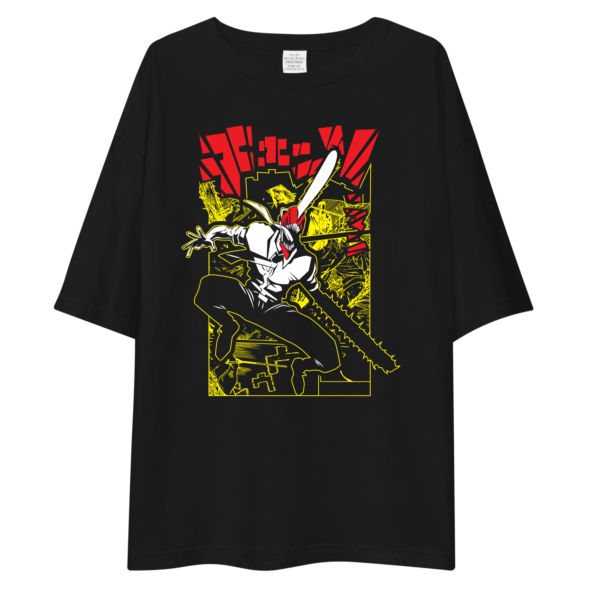 A black oversized short-sleeve t-shirt featuring a large graphic print of Chainsaw from the anime 'Attack on Titan' on the front, set against a plain white background.