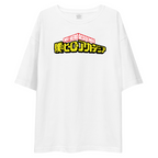 A white short-sleeve t-shirt featuring a colorful graphic print on the chest with the text 'MY HERO ATRACHAMA' and Japanese characters.