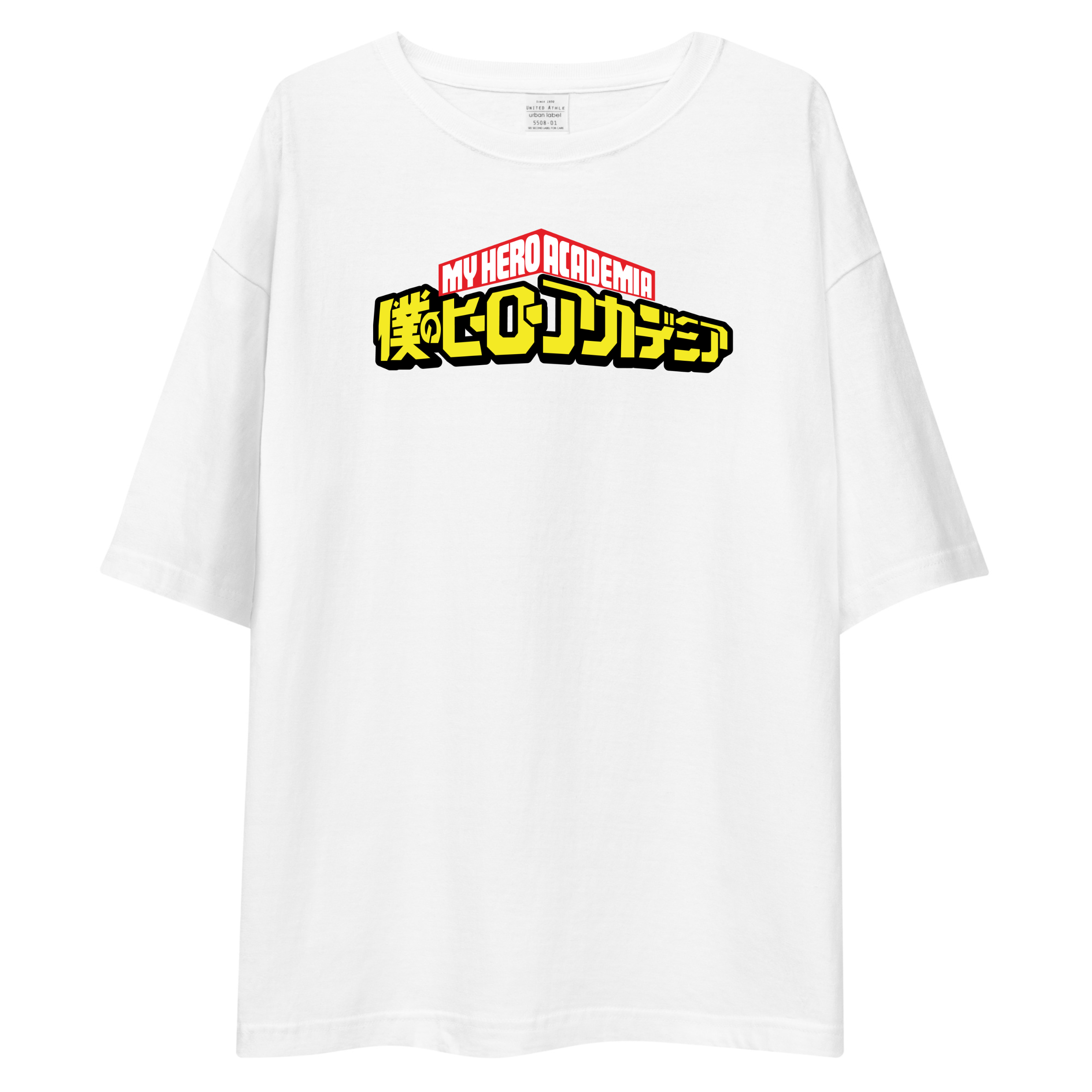 A white short-sleeve t-shirt featuring a colorful graphic print on the chest with the text 'MY HERO ATRACHAMA' and Japanese characters.