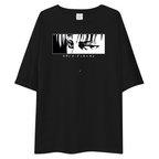 A black short-sleeve t-shirt with a wide, horizontal black-and-white anime graphic on the chest, featuring the Japanese text '〺おじさんしそす' below the illustration. The shirt is displayed flat against a solid white background.