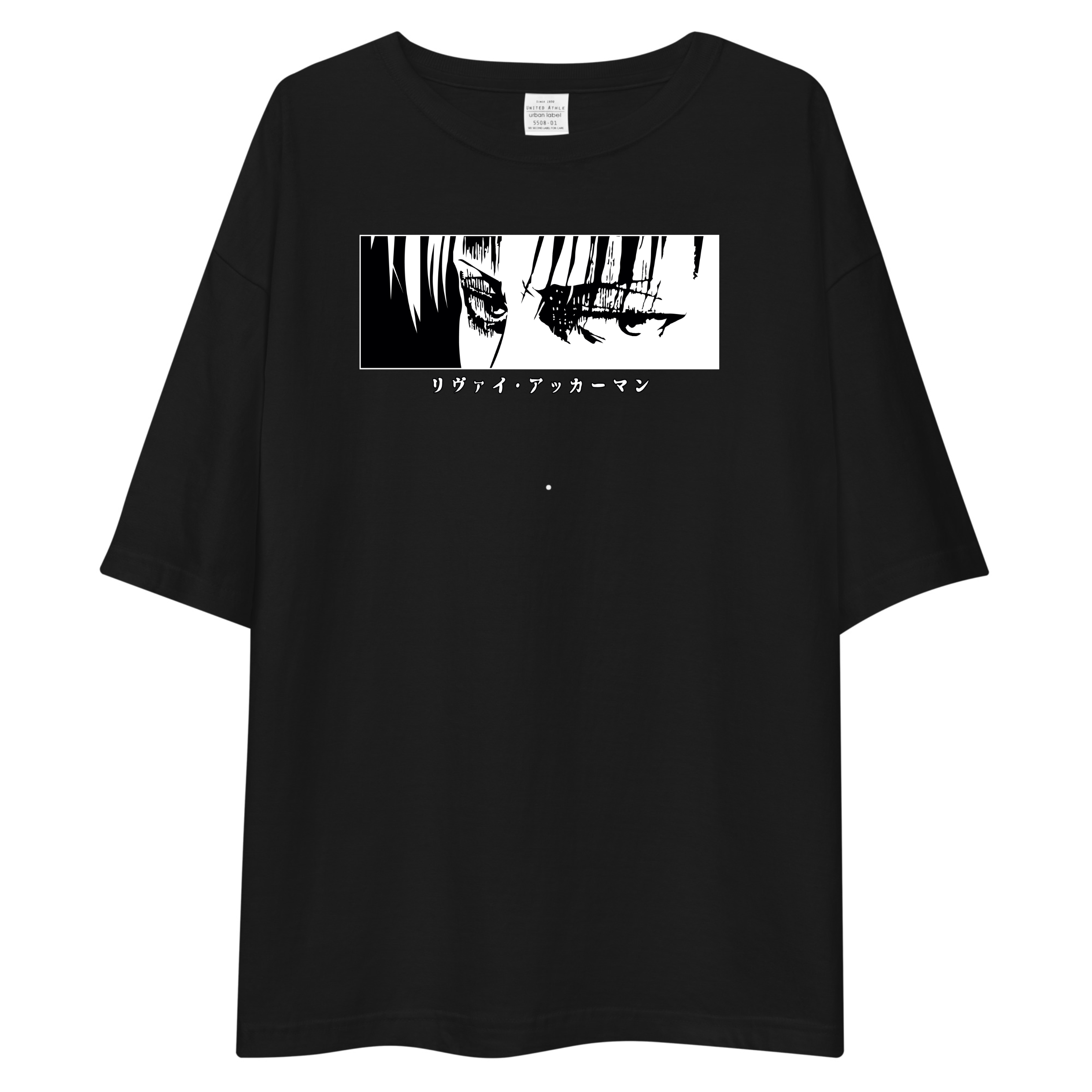 A black short-sleeve t-shirt with a wide, horizontal black-and-white anime graphic on the chest, featuring the Japanese text '〺おじさんしそす' below the illustration. The shirt is displayed flat against a solid white background.