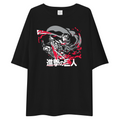 A black oversized short-sleeve t-shirt featuring a graphic print of characters from 'Attack on Titan' with red paint splatters and white Japanese text reading '望截の中ち'.