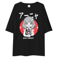 A black oversized short-sleeve t-shirt featuring a graphic print of the anime character Anna from 'My Neighbor Totoro' with Japanese text and 'ANNA FERGEE' printed below, displayed on a solid white background.