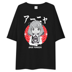 A black oversized short-sleeve t-shirt featuring a graphic print of the anime character Anna from 'My Neighbor Totoro' with Japanese text and 'ANNA FERGEE' printed below, displayed on a solid white background.