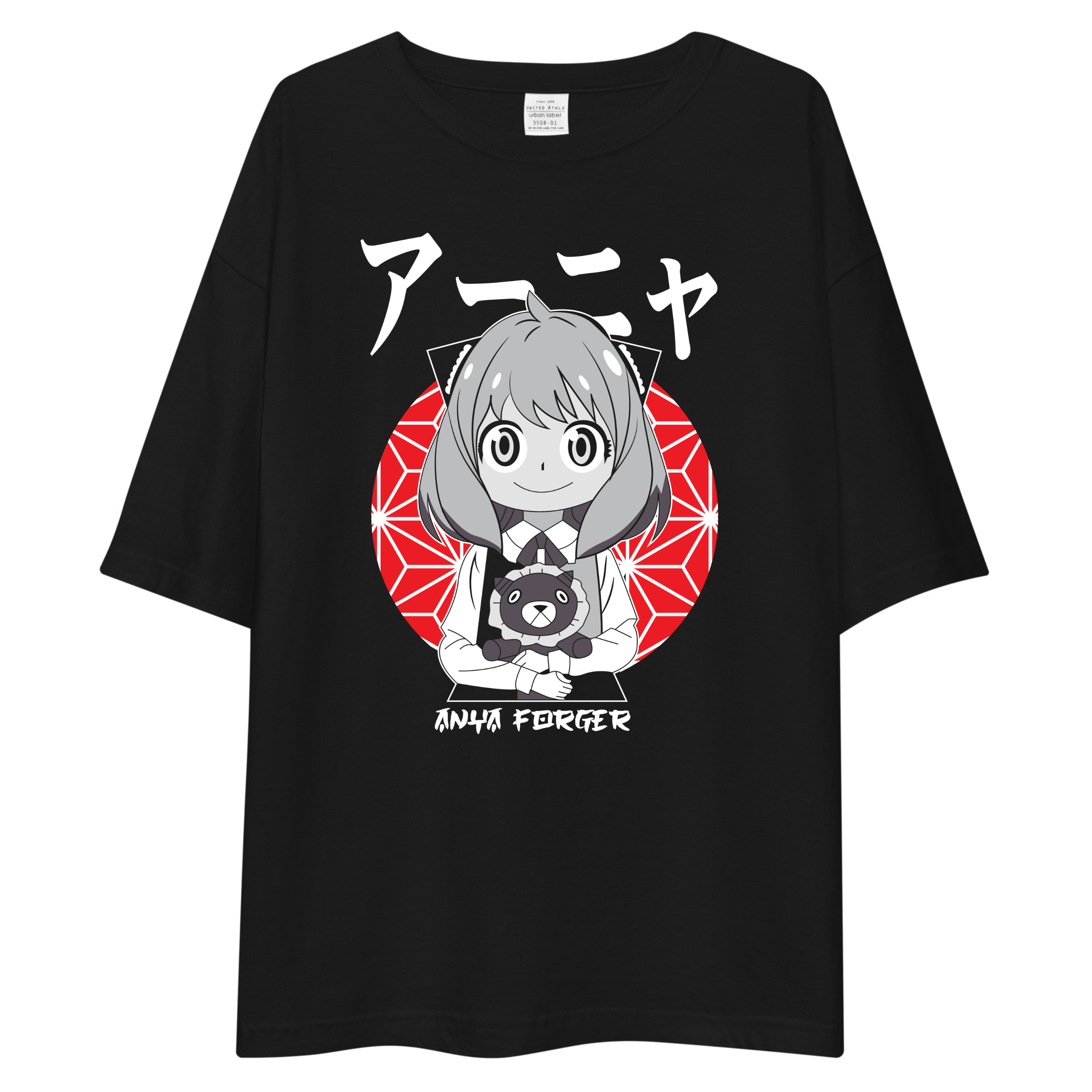 A black oversized short-sleeve t-shirt featuring a graphic print of the anime character Anna from 'My Neighbor Totoro' with Japanese text and 'ANNA FERGEE' printed below, displayed on a solid white background.