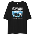 A black oversized short-sleeve t-shirt featuring a graphic print from the anime Tokyo Ghoul. The print includes the Japanese title 'うンベル', an illustration of the character with blue hair and a black mask, and the English title 'Tokyo Ghoul' printed below.