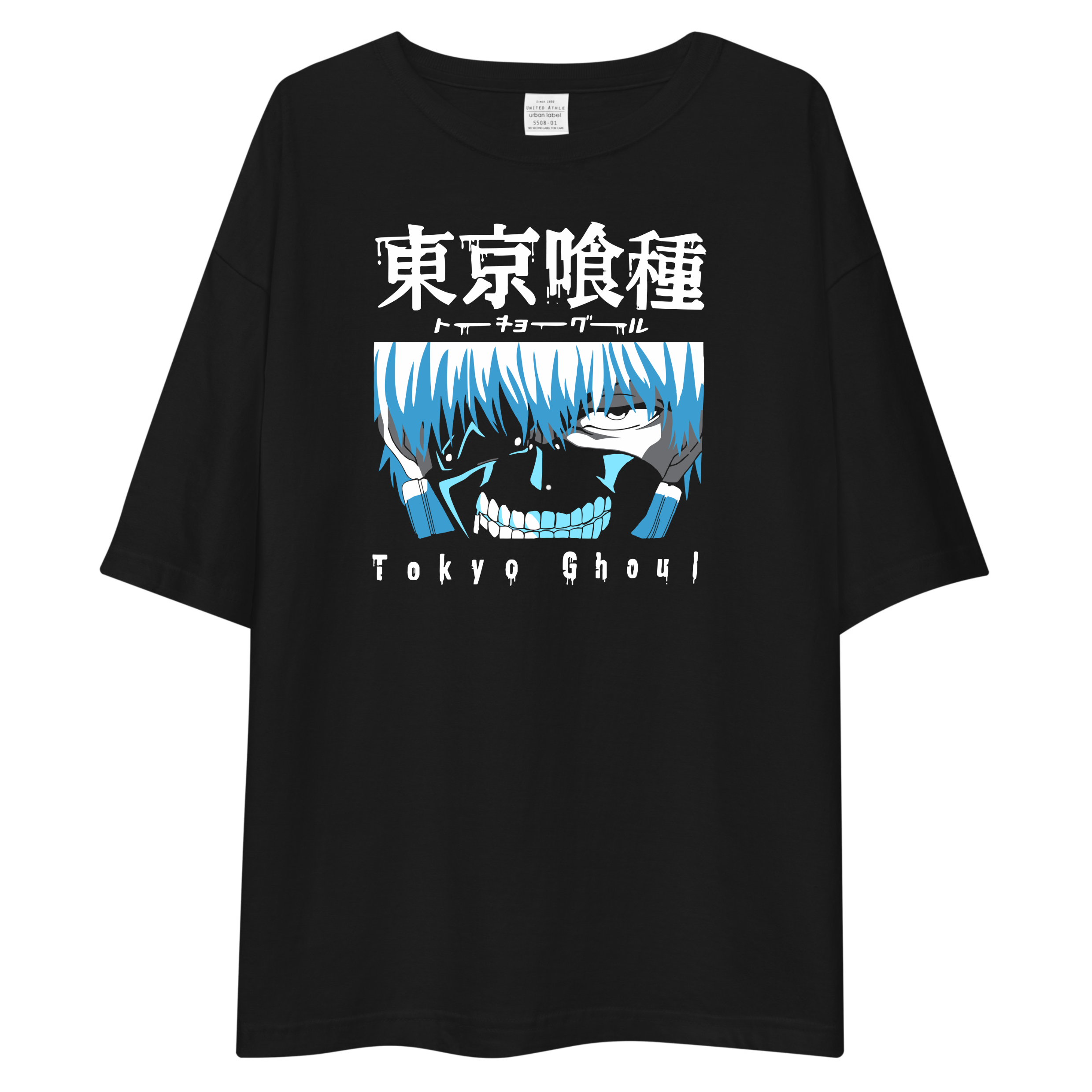 A black oversized short-sleeve t-shirt featuring a graphic print from the anime Tokyo Ghoul. The print includes the Japanese title 'うンベル', an illustration of the character with blue hair and a black mask, and the English title 'Tokyo Ghoul' printed below.