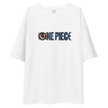 A white short-sleeve crewneck t-shirt featuring the 'ONE PIECE' logo printed across the chest in navy blue and brown tones, set against a plain white background.