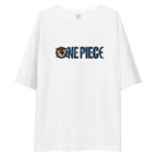 A white short-sleeve crewneck t-shirt featuring the 'ONE PIECE' logo printed across the chest in navy blue and brown tones, set against a plain white background.