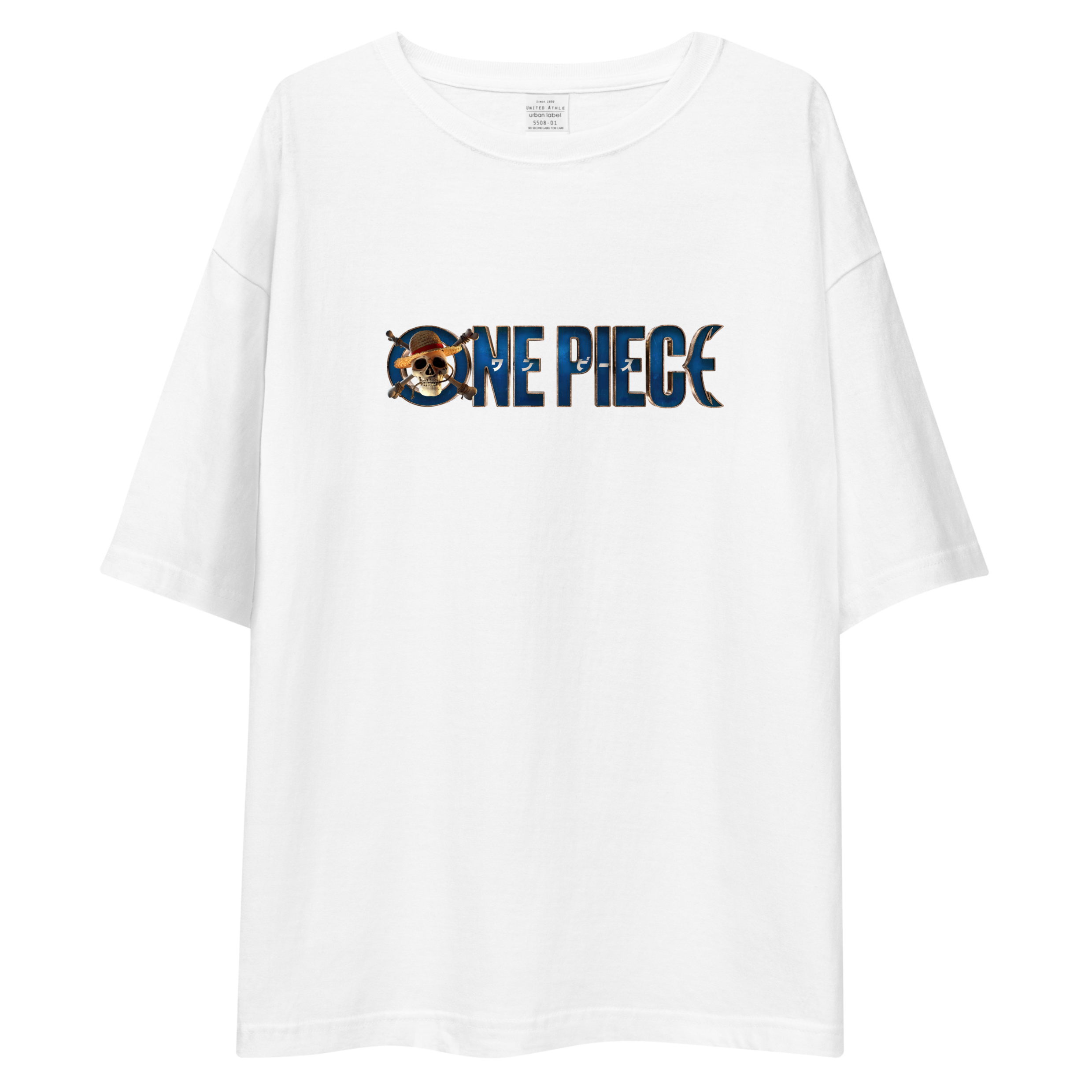 A white short-sleeve crewneck t-shirt featuring the 'ONE PIECE' logo printed across the chest in navy blue and brown tones, set against a plain white background.