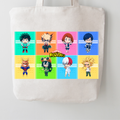 A cream canvas tote bag featuring a colorful graphic print of ten chibi anime characters in a 3x3 grid, displayed against a neutral light gray background.