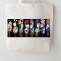 A cream-colored canvas tote bag with a printed anime graphic featuring characters and the numbers 1 through 8, displayed against a neutral light gray background.