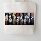 A cream-colored canvas tote bag with a printed anime graphic featuring characters and the numbers 1 through 8, displayed against a neutral light gray background.