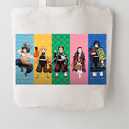 A white canvas tote bag featuring a colorful graphic print of five anime characters in vertical panels on a light gray background.