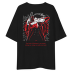 A black oversized short-sleeve t-shirt featuring a large anime-style graphic print on the back. The graphic depicts a character in a red suit holding a gun, with red and white text below reading 'The bird of Horrors is my name, eating my wings to make me tame'.