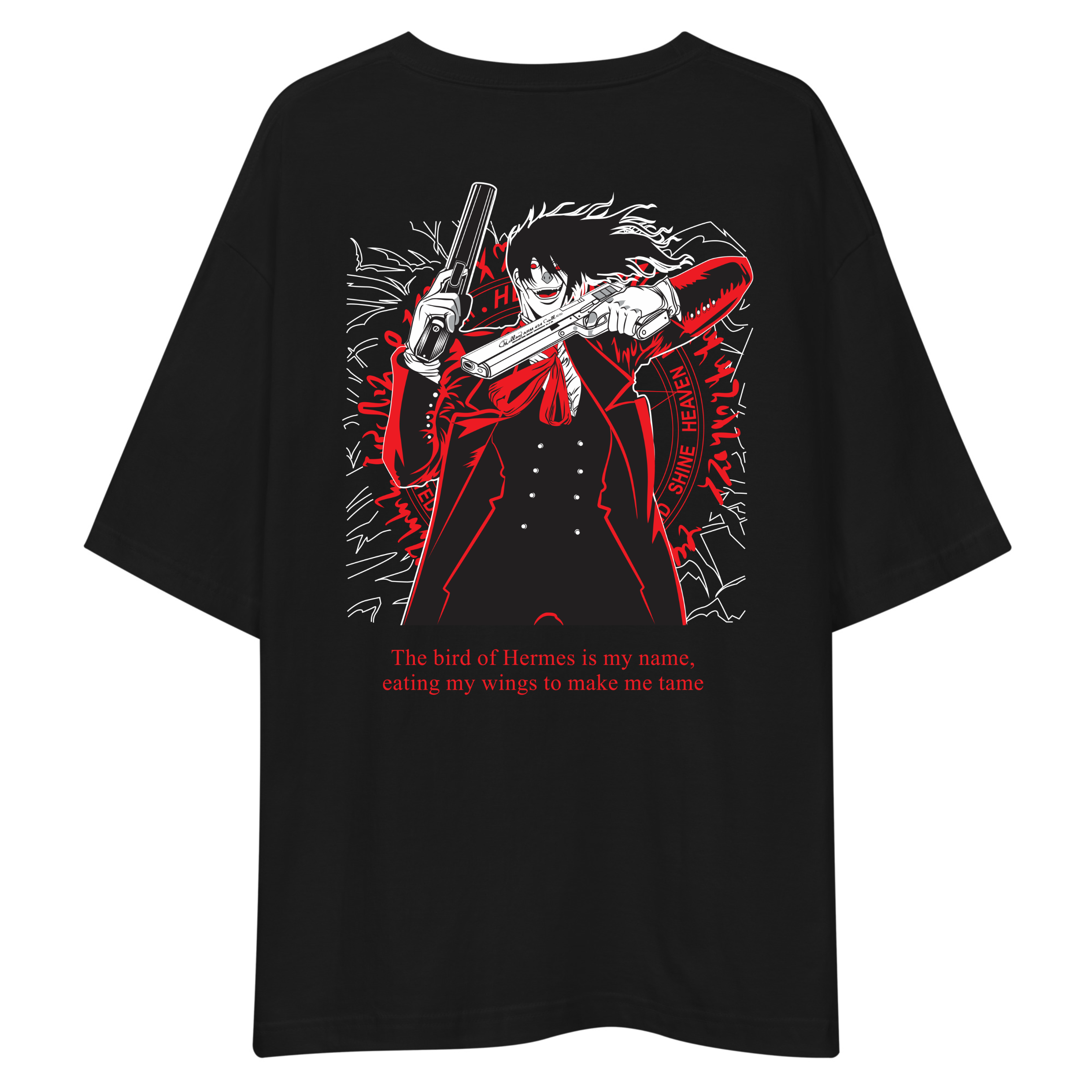 A black oversized short-sleeve t-shirt featuring a large anime-style graphic print on the back. The graphic depicts a character in a red suit holding a gun, with red and white text below reading 'The bird of Horrors is my name, eating my wings to make me tame'.